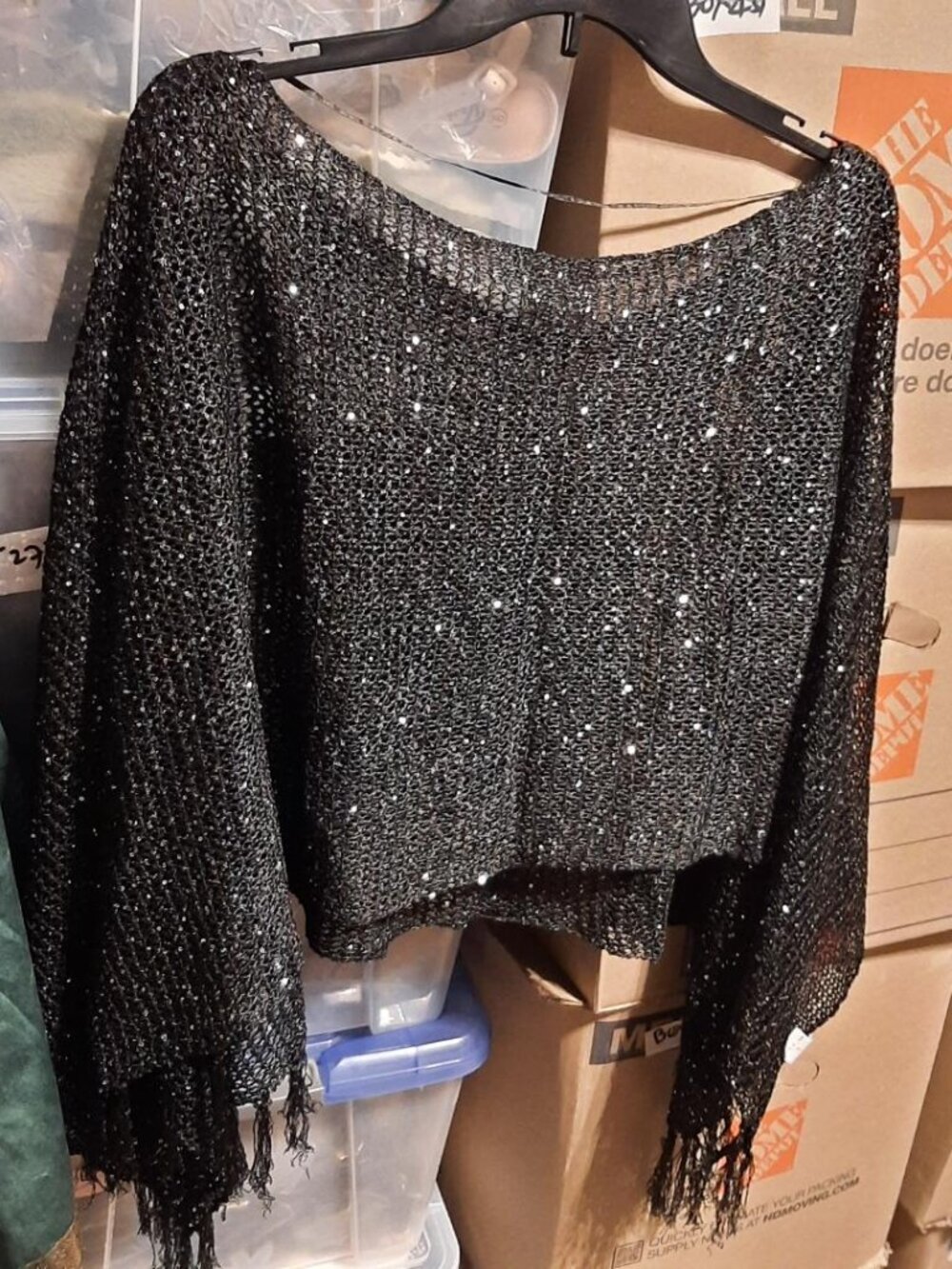 NEW ! WMN Sequin Knit Poncho Fringe Hem Off Shoulder See Through Crochet Cape L